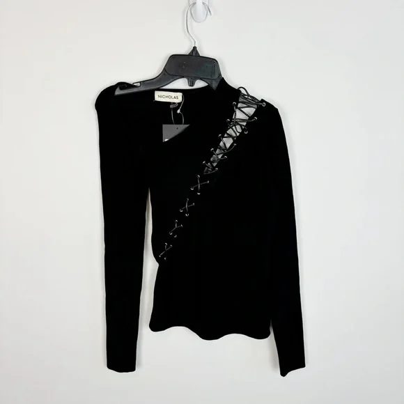 NICHOLAS Cosima Long Sleeve Ribbed Lace Up Top in Black Size S - Picture 2 of 11